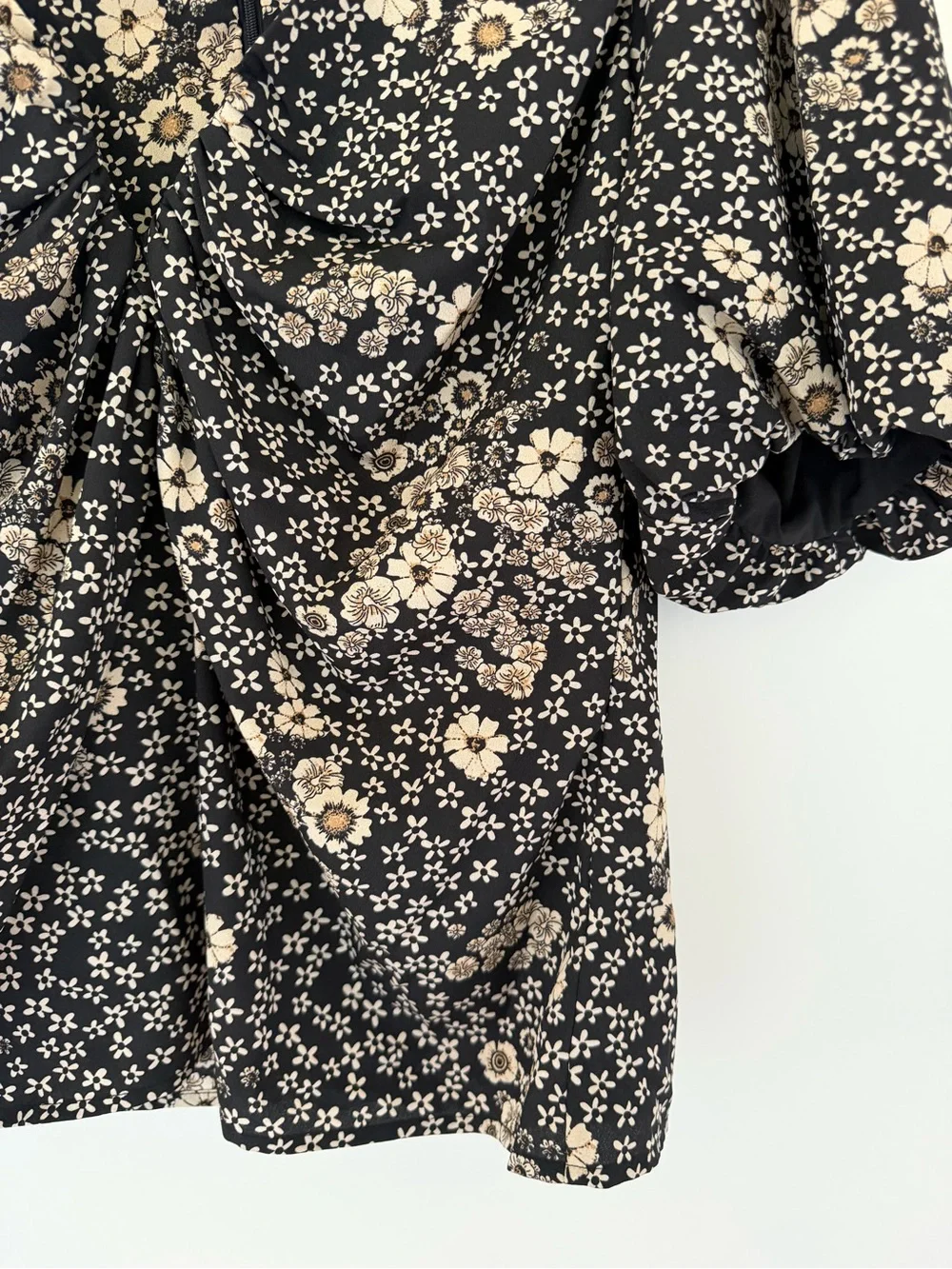 Astr Black Floral Puff Sleeve Blouse with Cream Blossoms